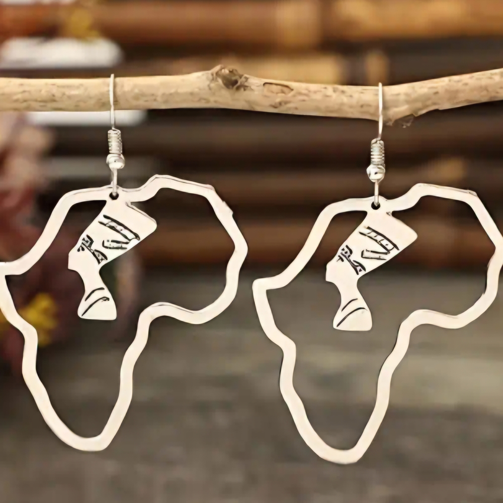 Silver African Continent Silhouette Earrings with Hook